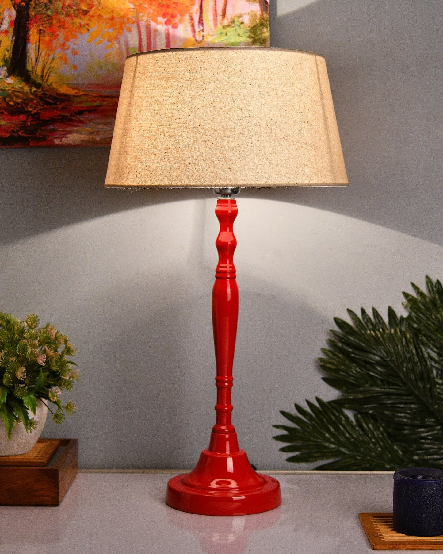 Glossy Red Imperial Aluminium Table Lamp With Cone Shade, Bedside, Living Room Study Lamp, Bulb Included