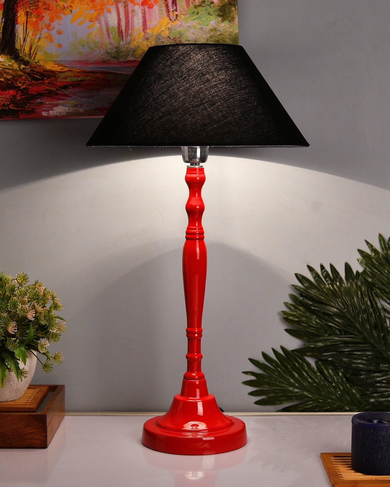Glossy Red Imperial Aluminium Table Lamp With Cone Shade, Bedside, Living Room Study Lamp, Bulb Included