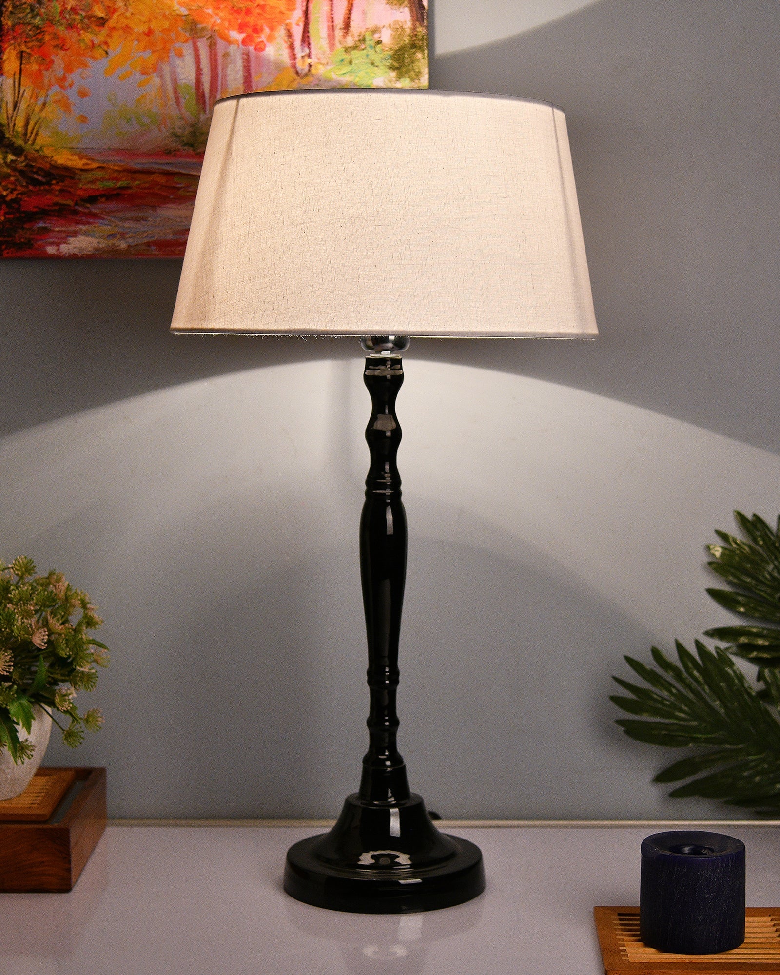 Glossy Black Imperial Aluminium Table Lamp With Cone Shade, Bedside, Living Room Study Lamp, Bulb Included