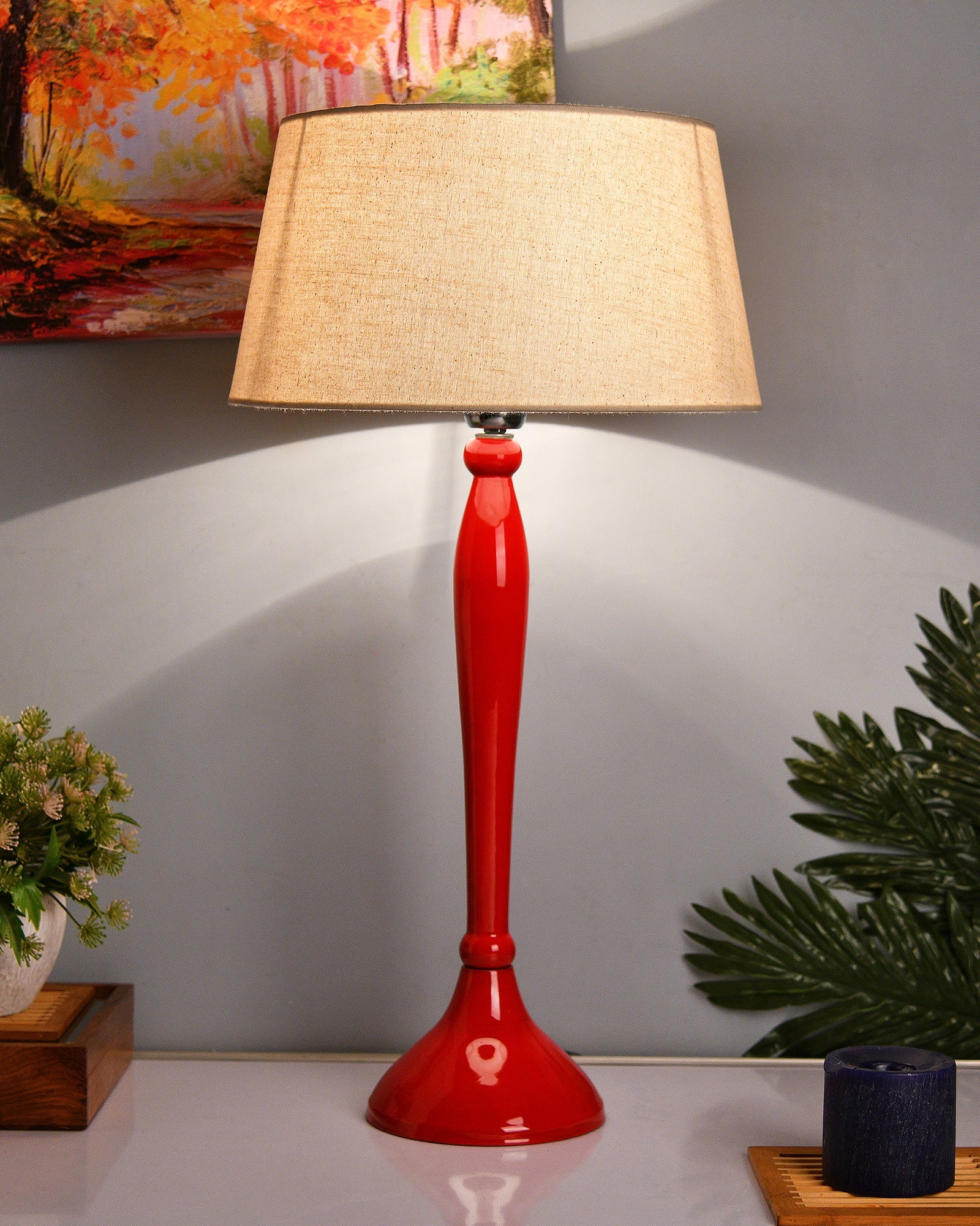 Glossy Red Royal Ovoid Aluminium Table Lamp With Cone Shade, Bedside, Living Room Study Lamp, Bulb Included