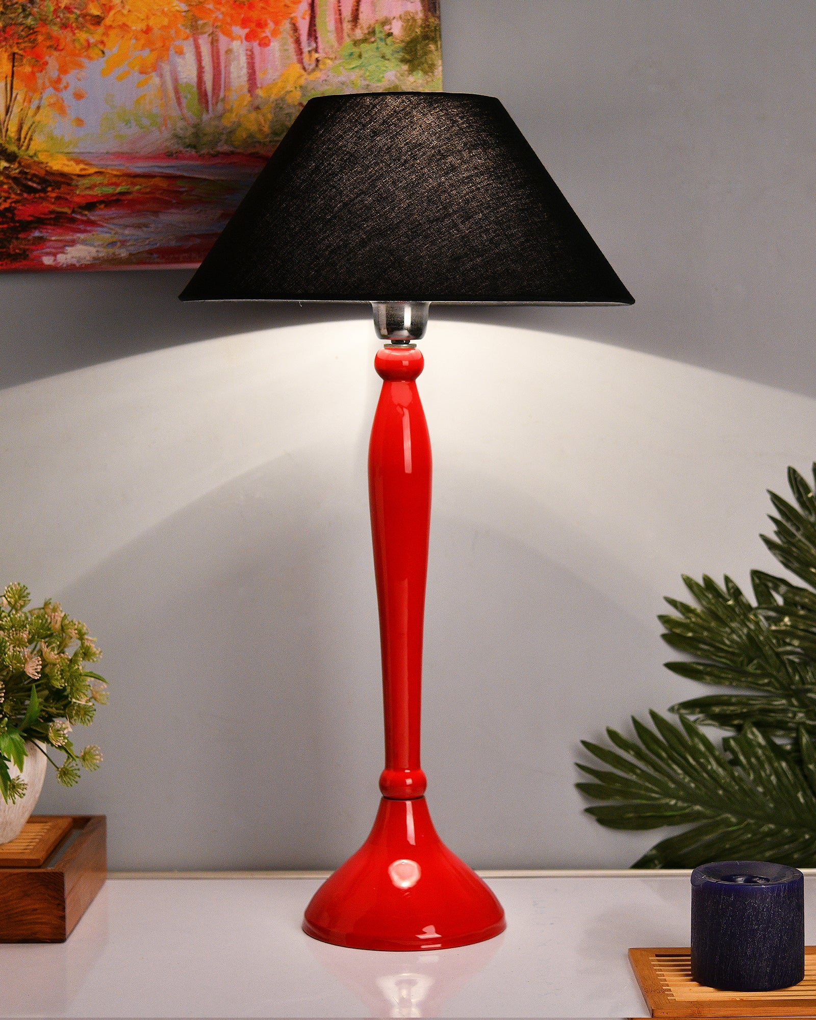 Glossy Red Royal Ovoid Aluminium Table Lamp With Cone Shade, Bedside, Living Room Study Lamp, Bulb Included