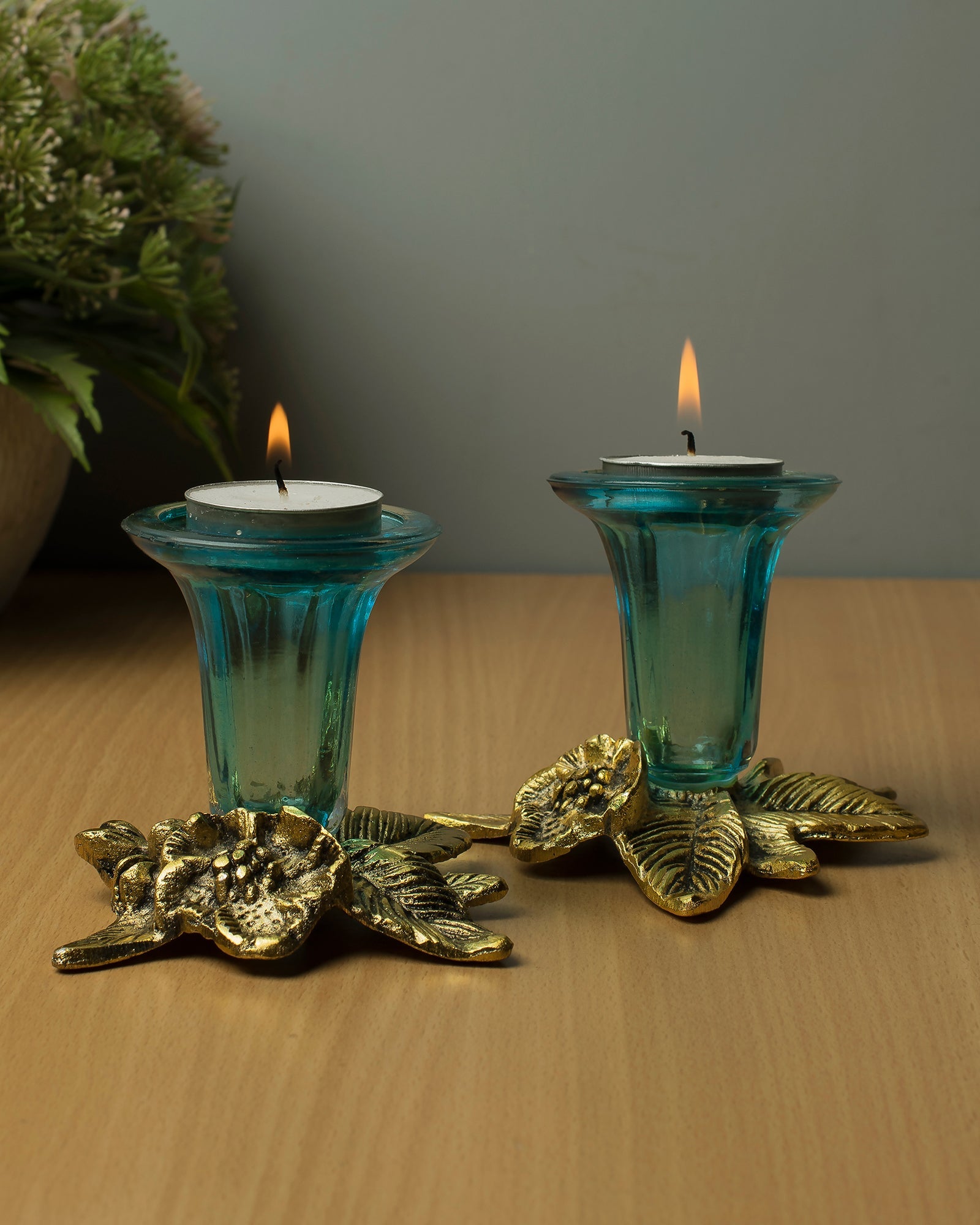 Antique Gold Candle Stand Grapevine, Diya Holder, Set of Two