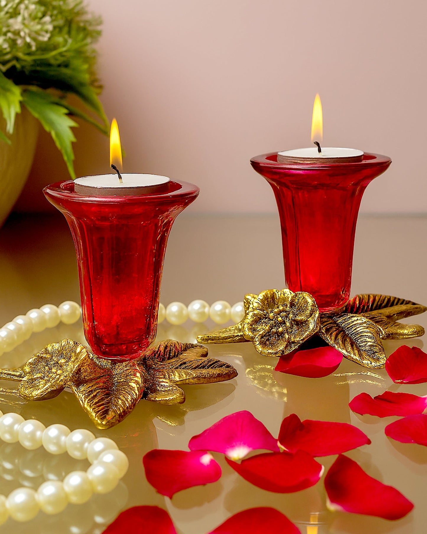 Antique Gold Candle Stand Grapevine, Diya Holder, Set of Two