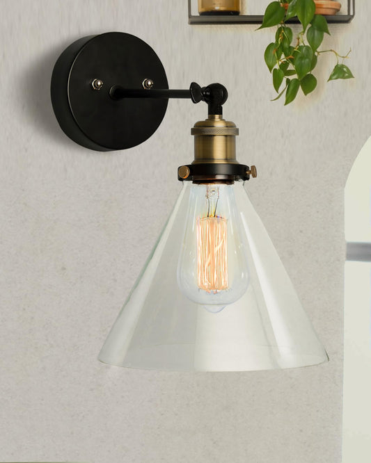 Edison Industrial Glass Cone Wall Lamp, Vintage Industrial Loft, E27 Holder, Decorative, Swing Wall Light, Filament/LED