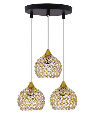 3-Lights Round Golden Cluster Chandelier Crystal Half Globe Hanging Light, E27 Holder, Decorative, URBAN Retro, Nordic Style, LED/Filament Bulb
