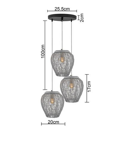 3-Lights Round Cluster Chandelier White Steel Wire Mesh Pendant, Decorative, Black, URBAN Retro, Nordic Style, LED/Filament Bulb