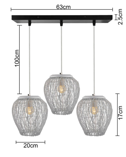 3-Lights Linear Cluster Chandelier White Steel Wire Mesh Pendant, Decorative, Black, Kitchen Area and Dining Room Light, LED/Filament Light