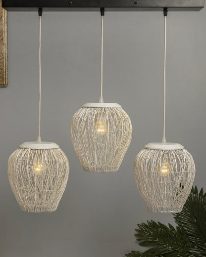 3-Lights Linear Cluster Chandelier White Steel Wire Mesh Pendant, Decorative, Black, Kitchen Area and Dining Room Light, LED/Filament Light