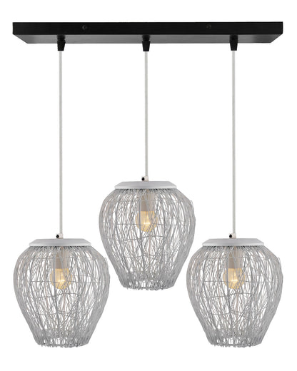 3-Lights Linear Cluster Chandelier White Steel Wire Mesh Pendant, Decorative, Black, Kitchen Area and Dining Room Light, LED/Filament Light