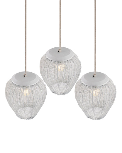 3-Lights Linear Cluster Chandelier White Steel Wire Mesh Pendant, Decorative, Black, Kitchen Area and Dining Room Light, LED/Filament Light