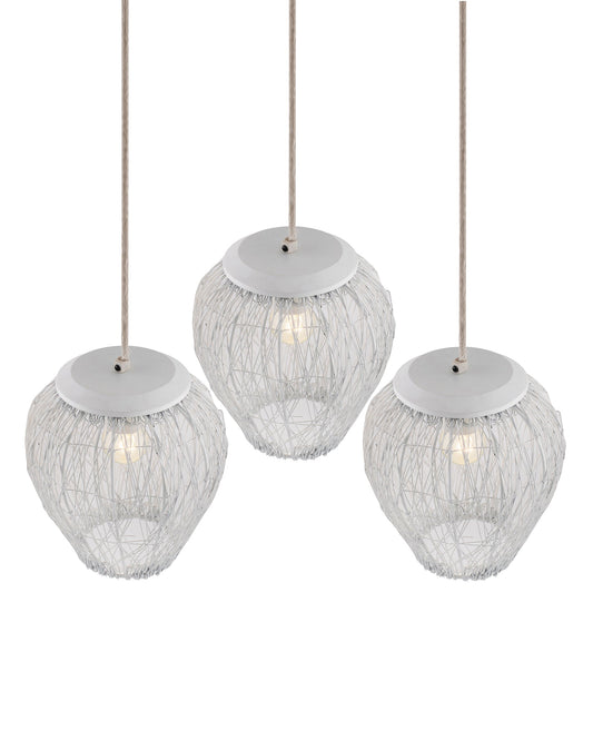 3-Lights Linear Cluster Chandelier White Steel Wire Mesh Pendant, Decorative, Black, Kitchen Area and Dining Room Light, LED/Filament Light