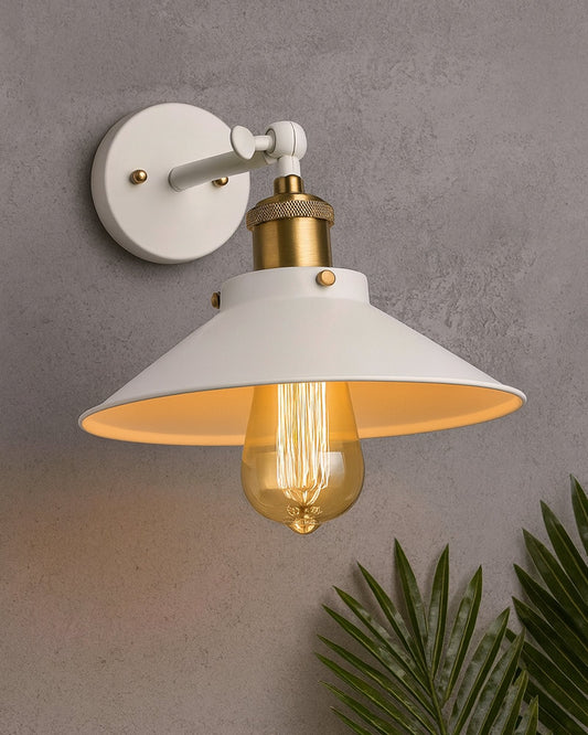 Edison White Cone Shade Wall Lamp, Antique Gold Vintage Industrial Loft, E27 Holder, Decorative, Swing Wall Light