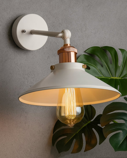 Edison White Cone Shade Wall Lamp, Antique Gold Vintage Industrial Loft, E27 Holder, Decorative, Swing Wall Light