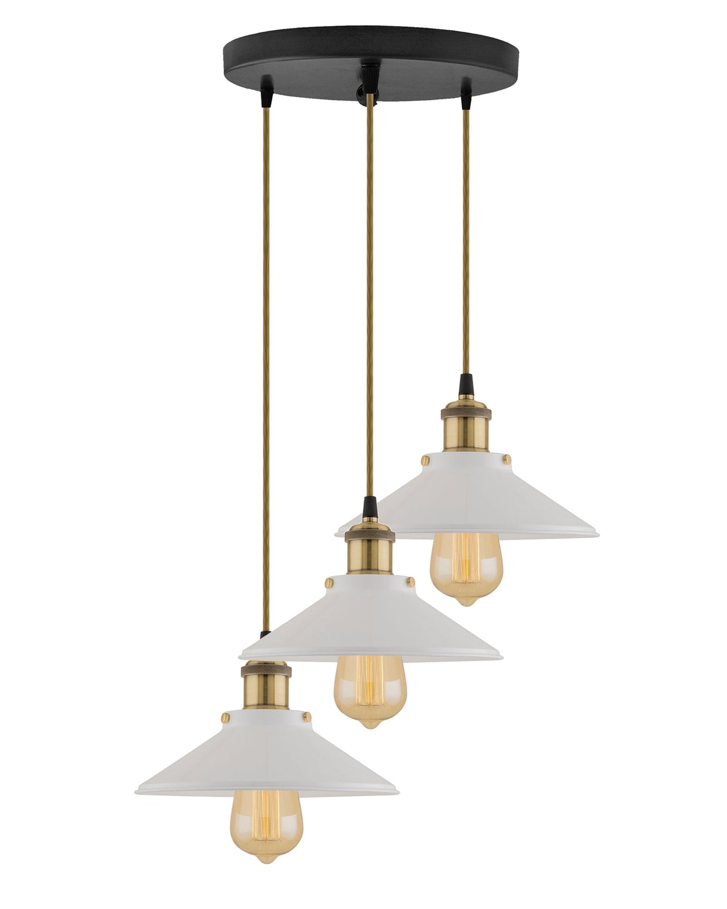 3-Lights Round White Cone Shade Cluster Chandelier Hanging Light, Decorative, Black, Kitchen Area and Dining Room Light, LED/Filament Light
