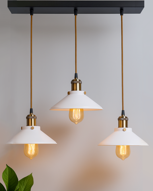 3-Lights Linear White Cone Shade Cluster Chandelier Hanging Light, Decorative, Black, Kitchen Area and Dining Room Light, LED/Filament Light