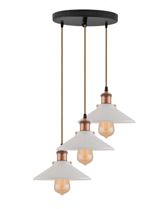 3-Lights Round White Cone Shade Cluster Chandelier Hanging Light, Decorative, Black, Kitchen Area and Dining Room Light, LED/Filament Light