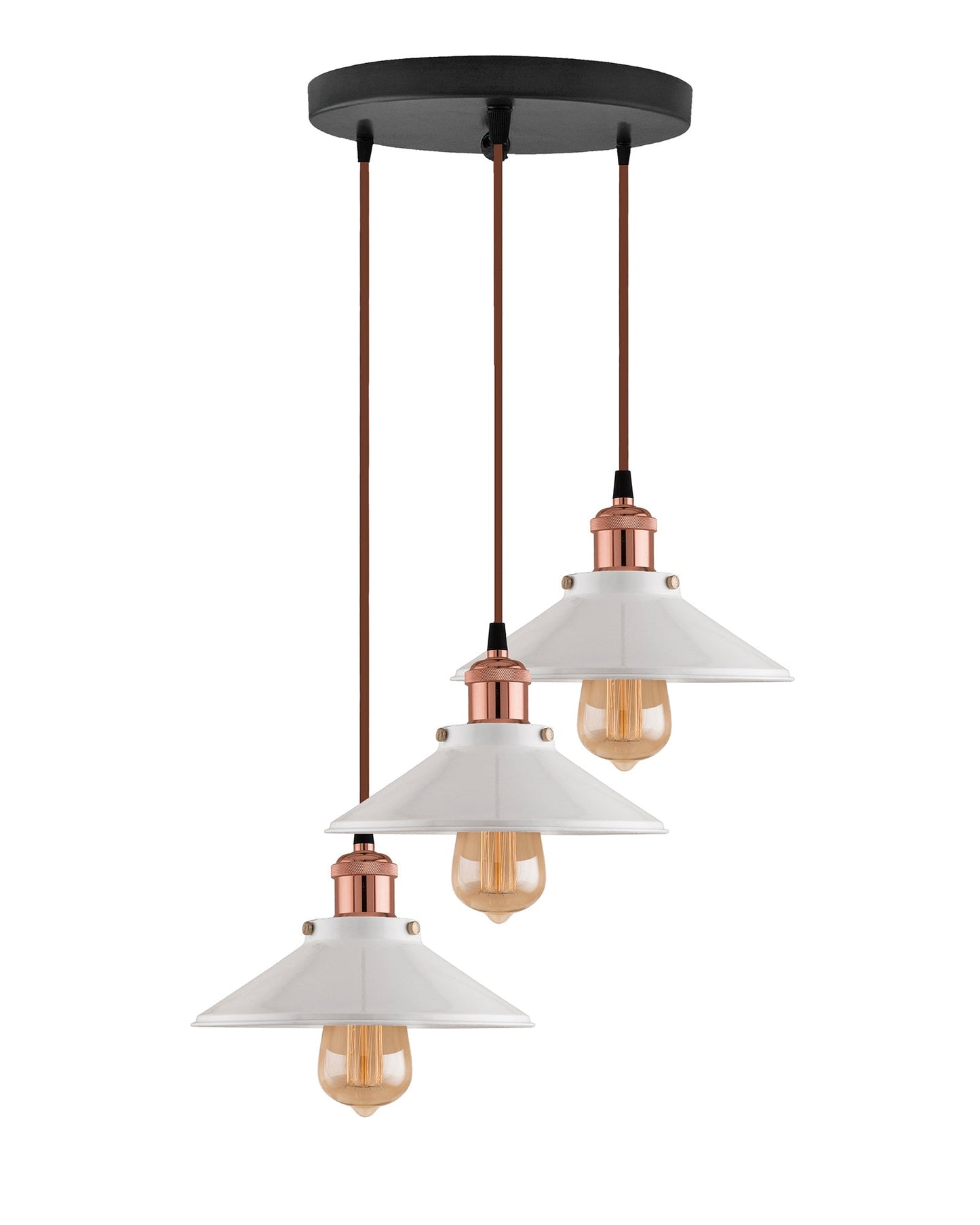 3-Lights Round White Cone Shade Cluster Chandelier Hanging Light, Decorative, Black, Kitchen Area and Dining Room Light, LED/Filament Light