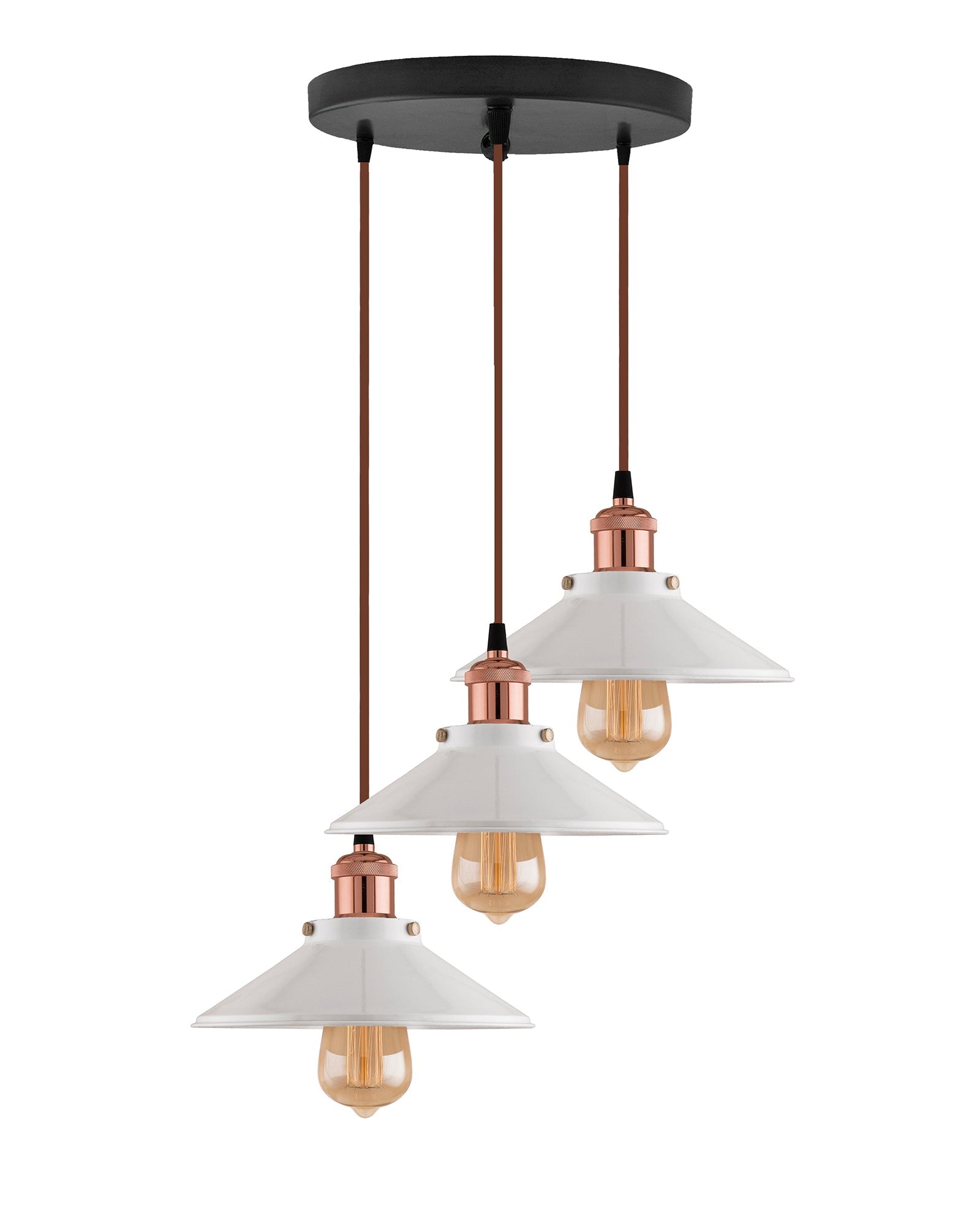 3-Lights Round White Cone Shade Cluster Chandelier Hanging Light, Decorative, Black, Kitchen Area and Dining Room Light, LED/Filament Light