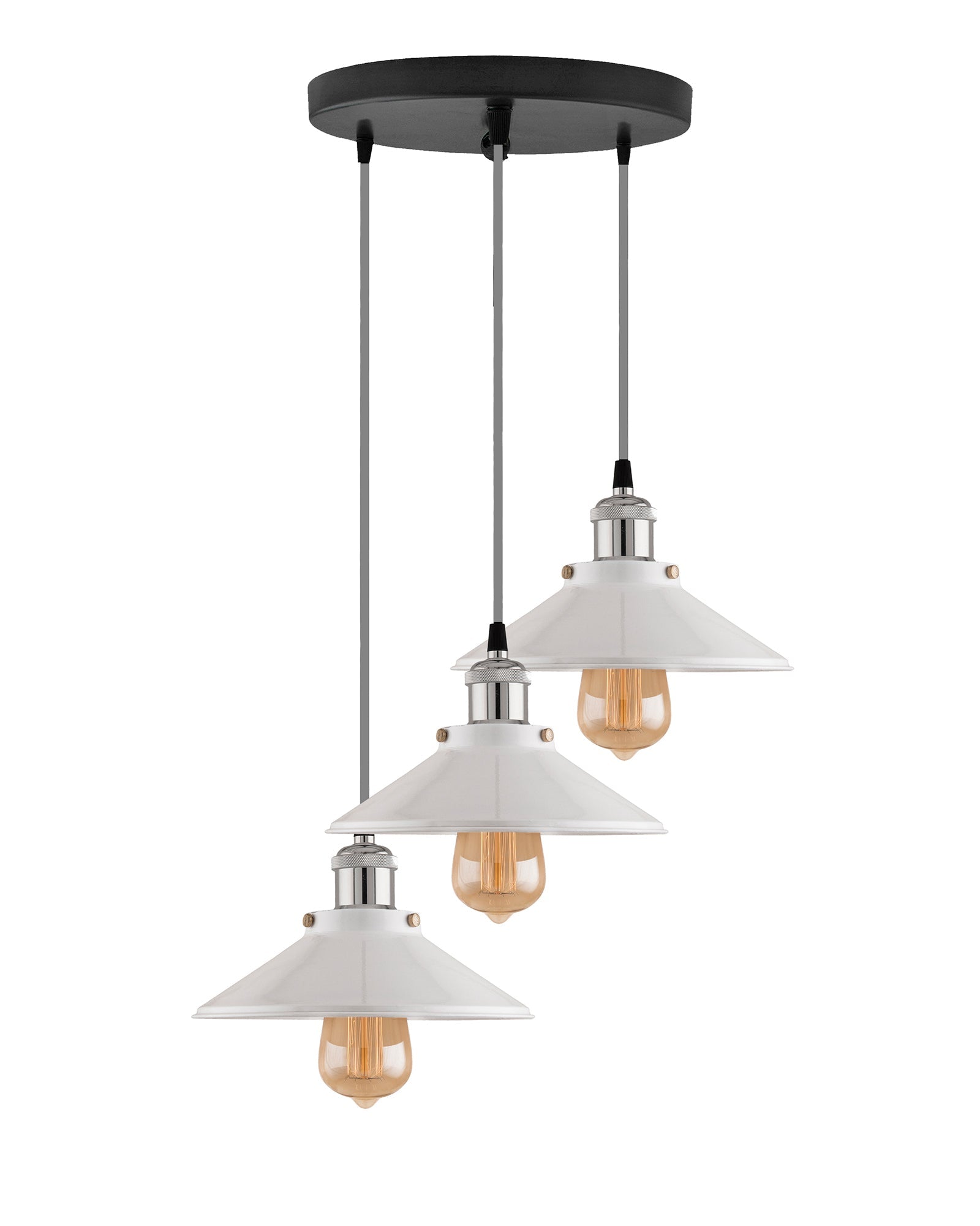 3-Lights Round White Cone Shade Cluster Chandelier Hanging Light, Decorative, Black, Kitchen Area and Dining Room Light, LED/Filament Light