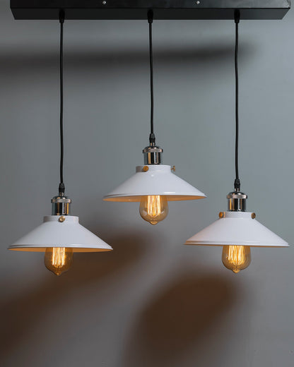 3-Lights Linear White Cone Shade Cluster Chandelier Hanging Light, Decorative, Black, Kitchen Area and Dining Room Light, LED/Filament Light