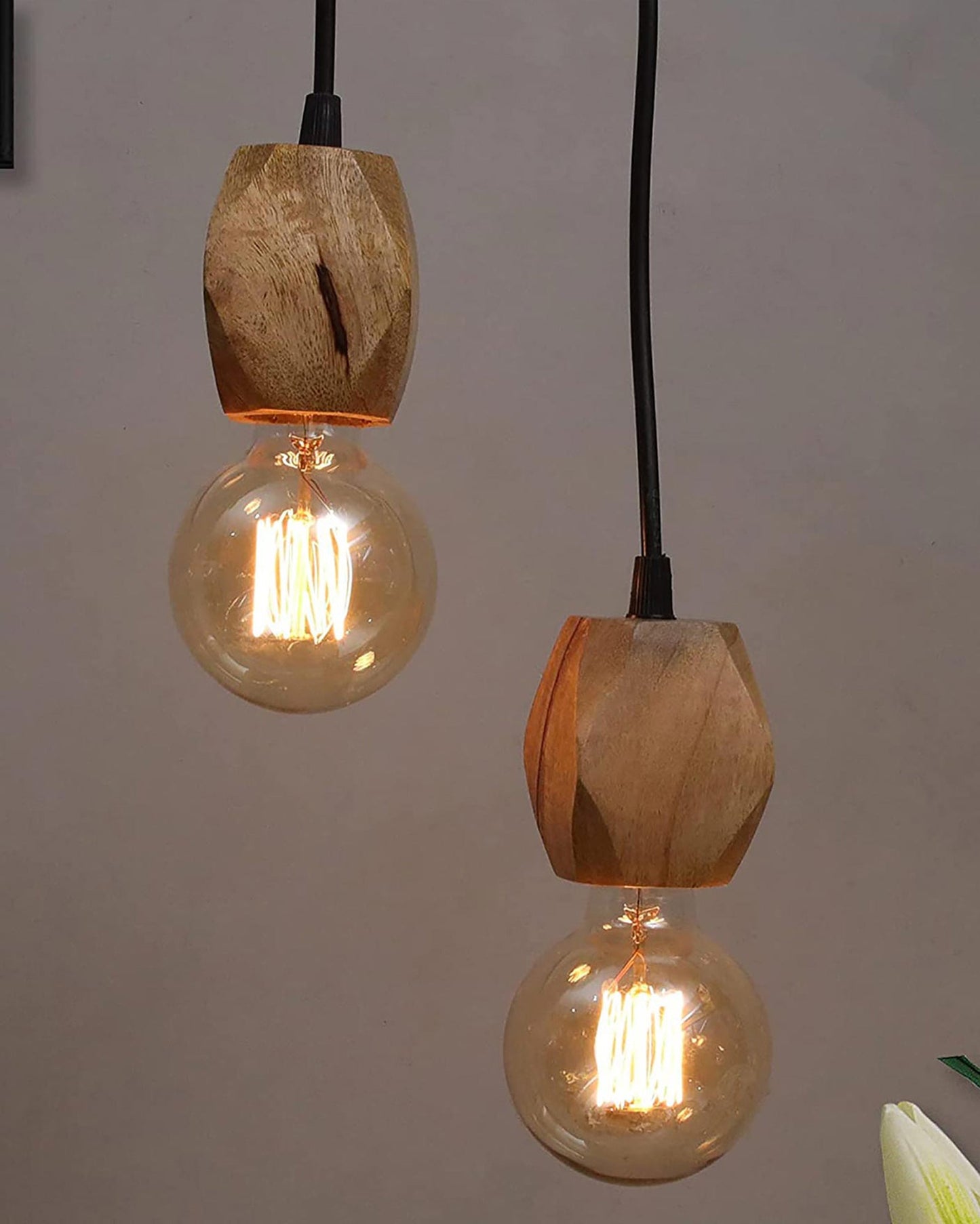 Wooden Finish Hanging Holder Lamp, Hexagon, Set of 2