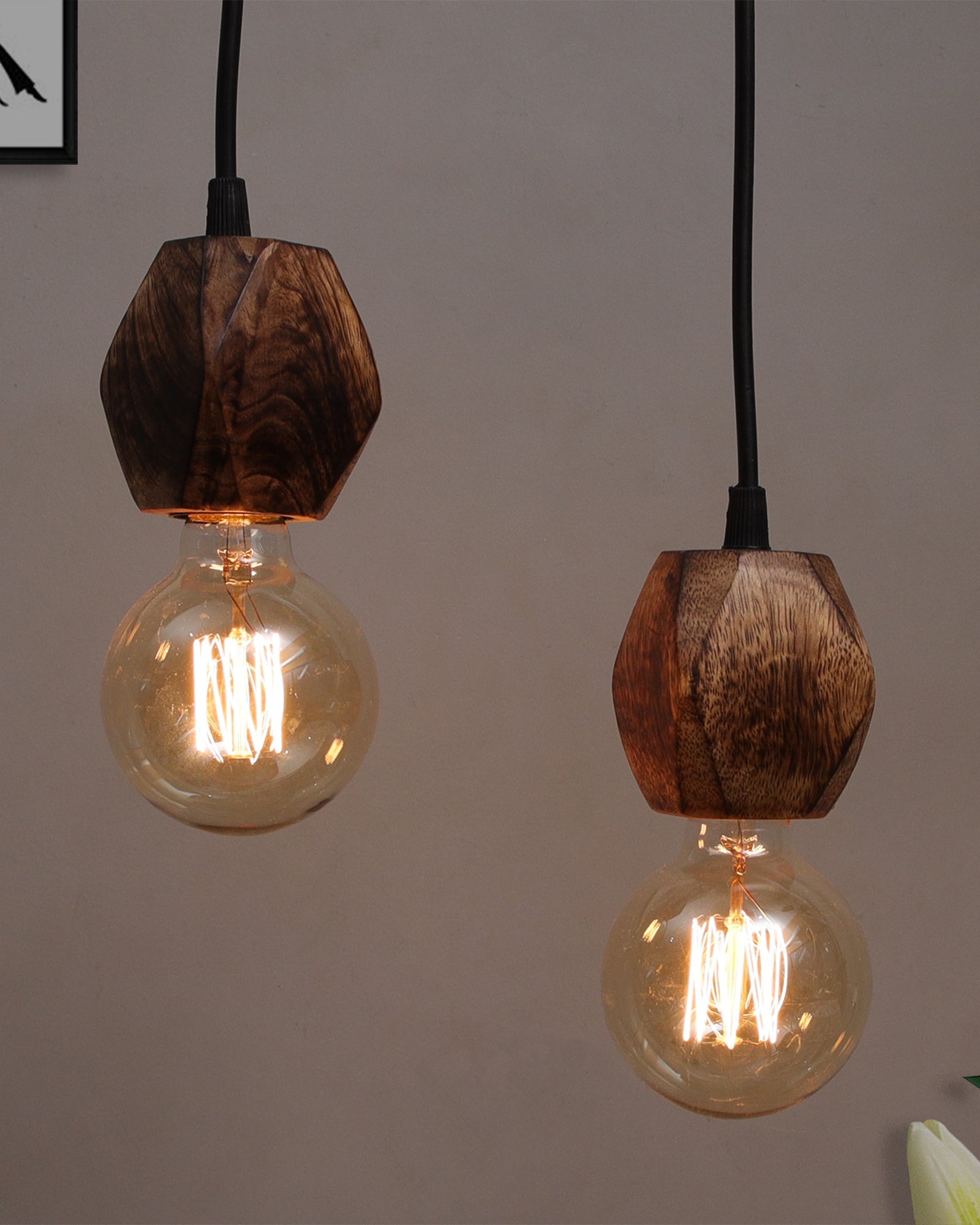 Wooden Finish Hanging Holder Lamp, Hexagon, Set of 2