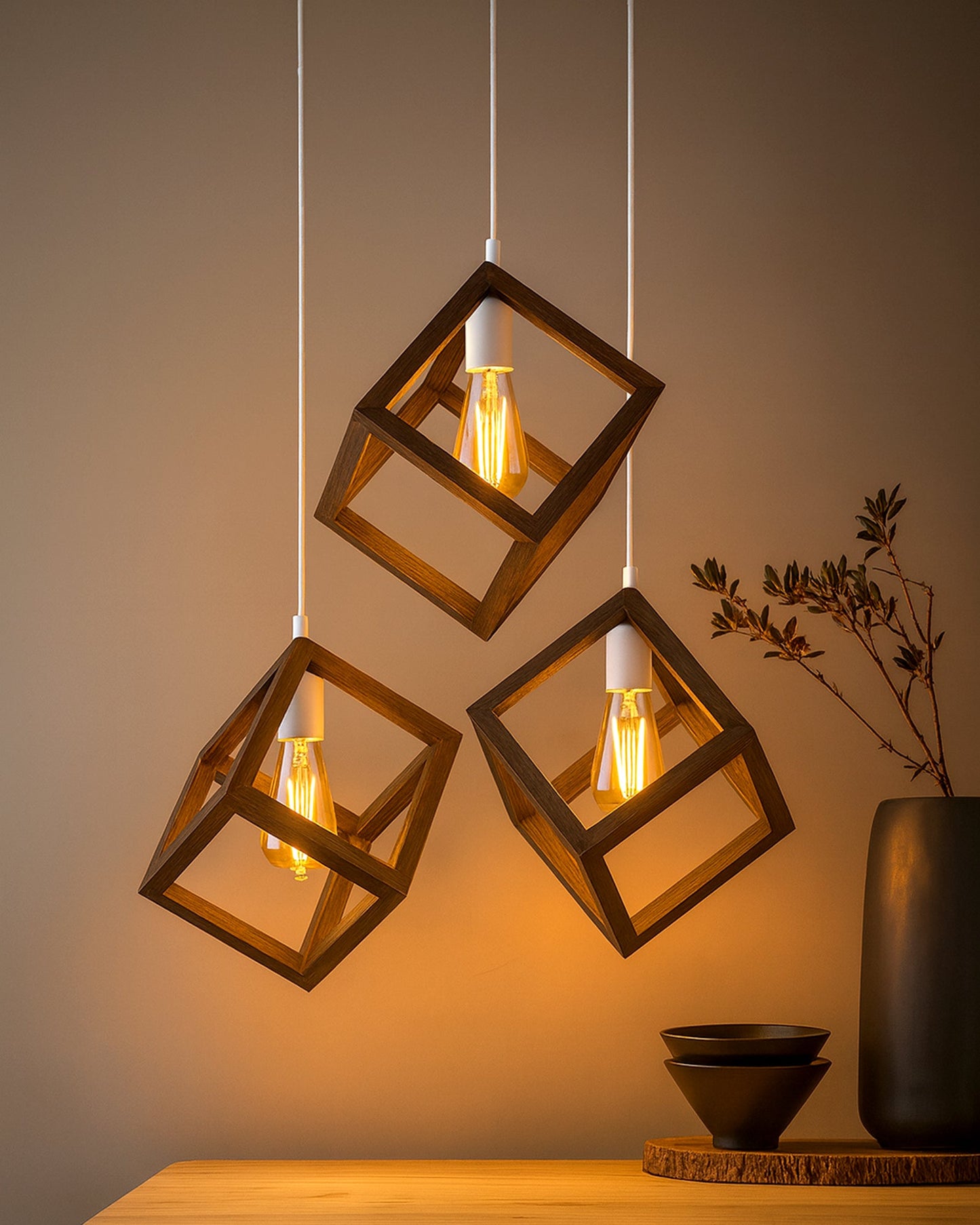 3-Lights Round Cluster Chandelier Modern Nordic Walnut Finish Wooden Pendant Cube Light with Silicone Holder, URBAN Retro, Nordic Style, LED/Filament Bulb