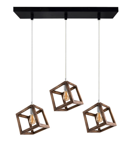 3-Lights Linear Cluster Chandelier Modern Nordic Walnut Finish Wooden Pendant Cube Light with Silicone Holder Pendant Light, Kitchen Area and Dining Room Light, LED/Filament Light