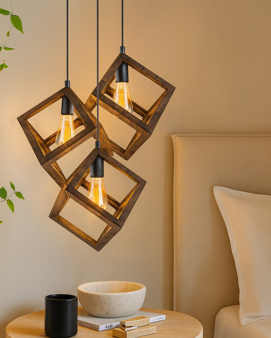 3-Lights Round Cluster Chandelier Modern Nordic Walnut Finish Wooden Pendant Cube Light with Silicone Holder, URBAN Retro, Nordic Style, LED/Filament Bulb