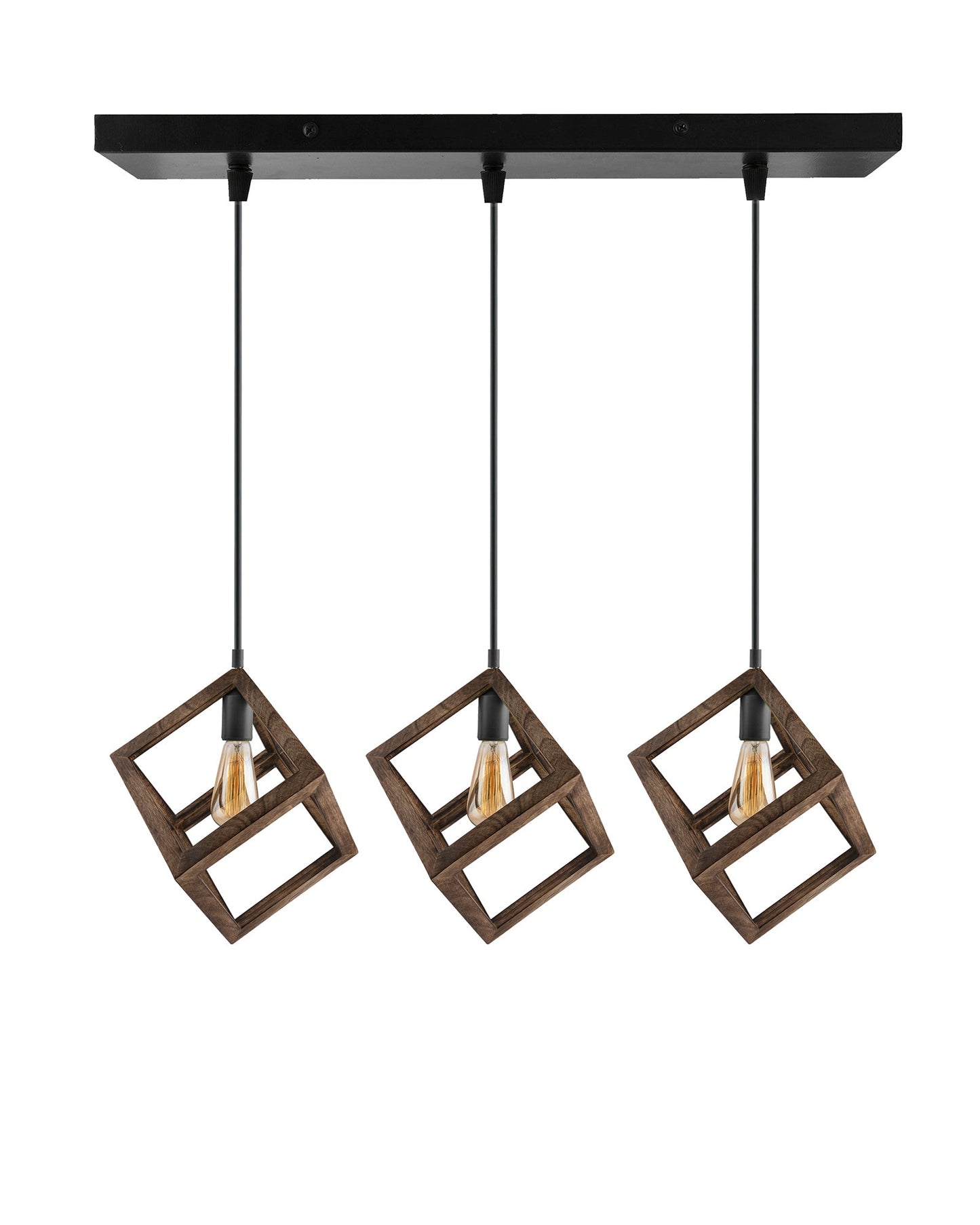 3-Lights Linear Cluster Chandelier Modern Nordic Walnut Finish Wooden Pendant Cube Light with Silicone Holder Pendant Light, Kitchen Area and Dining Room Light, LED/Filament Light