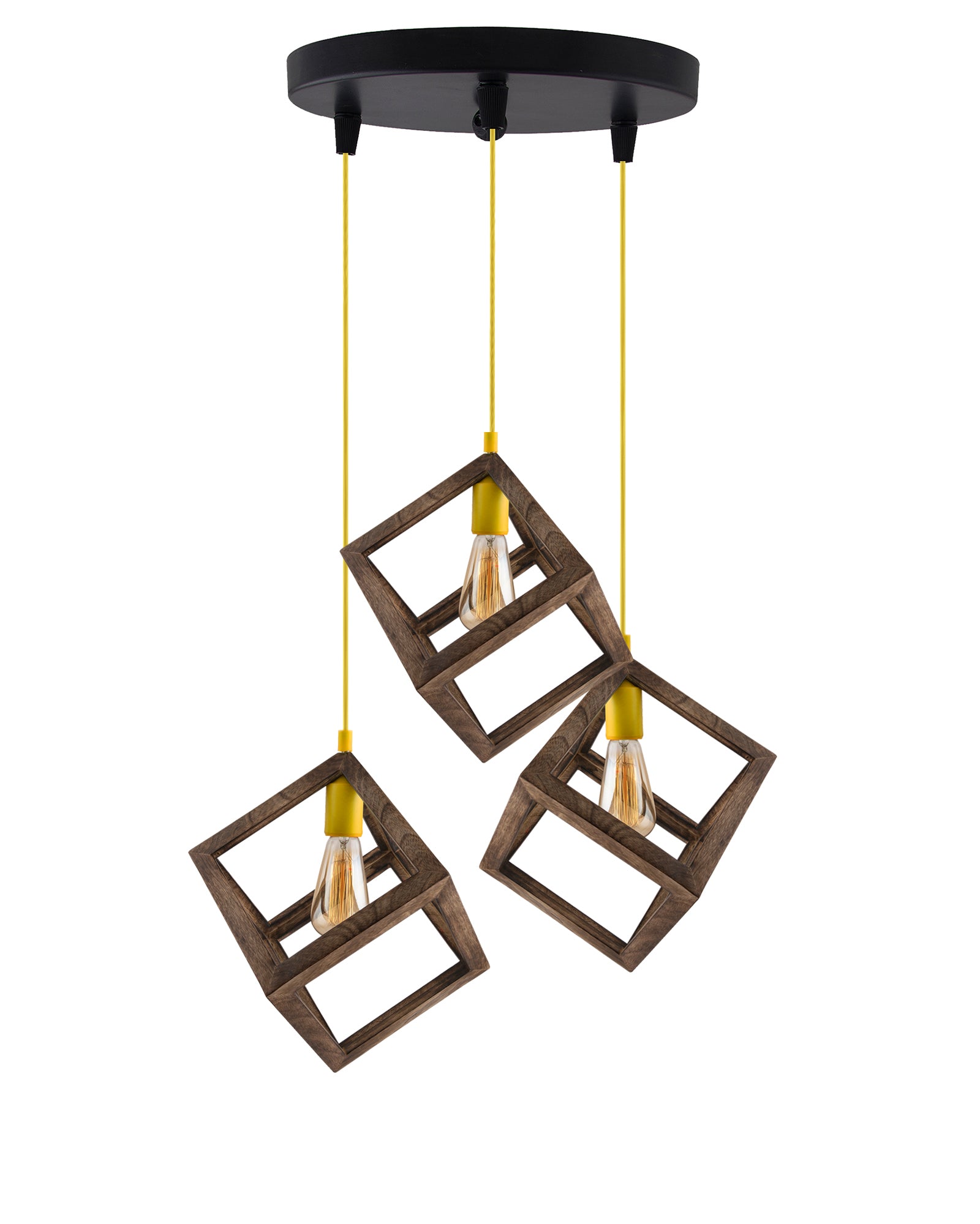 3-Lights Round Cluster Chandelier Modern Nordic Walnut Finish Wooden Pendant Cube Light with Silicone Holder, URBAN Retro, Nordic Style, LED/Filament Bulb