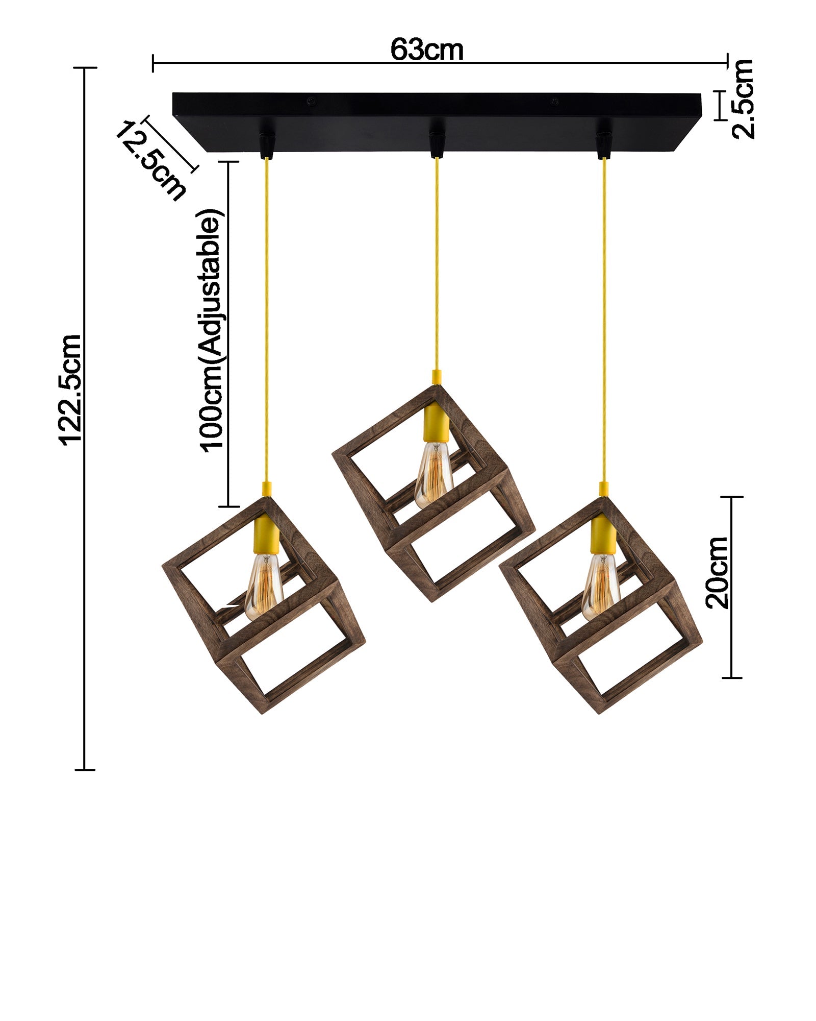 3-Lights Linear Cluster Chandelier Modern Nordic Walnut Finish Wooden Pendant Cube Light with Silicone Holder Pendant Light, Kitchen Area and Dining Room Light, LED/Filament Light