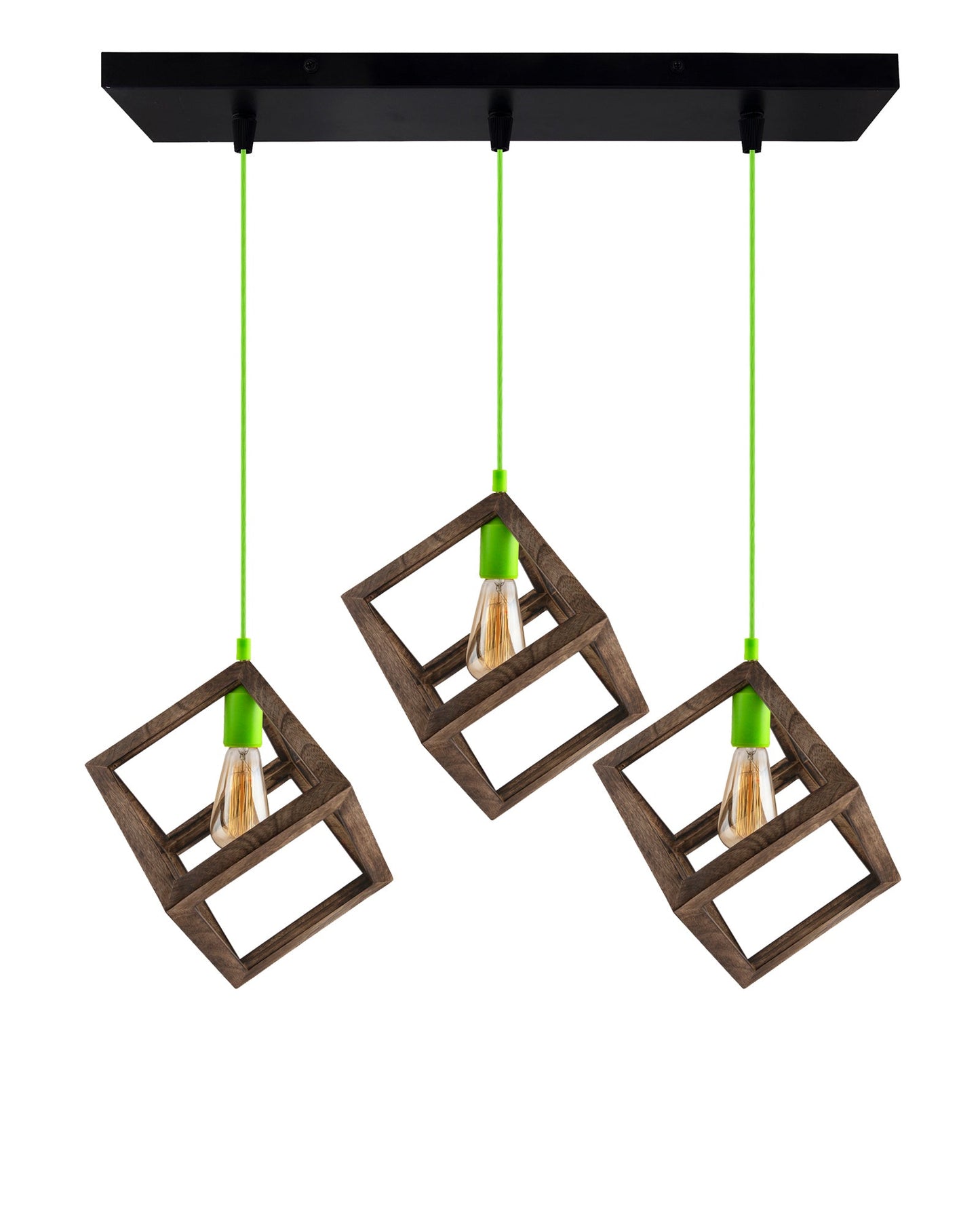 3-Lights Linear Cluster Chandelier Modern Nordic Walnut Finish Wooden Pendant Cube Light with Silicone Holder Pendant Light, Kitchen Area and Dining Room Light, LED/Filament Light