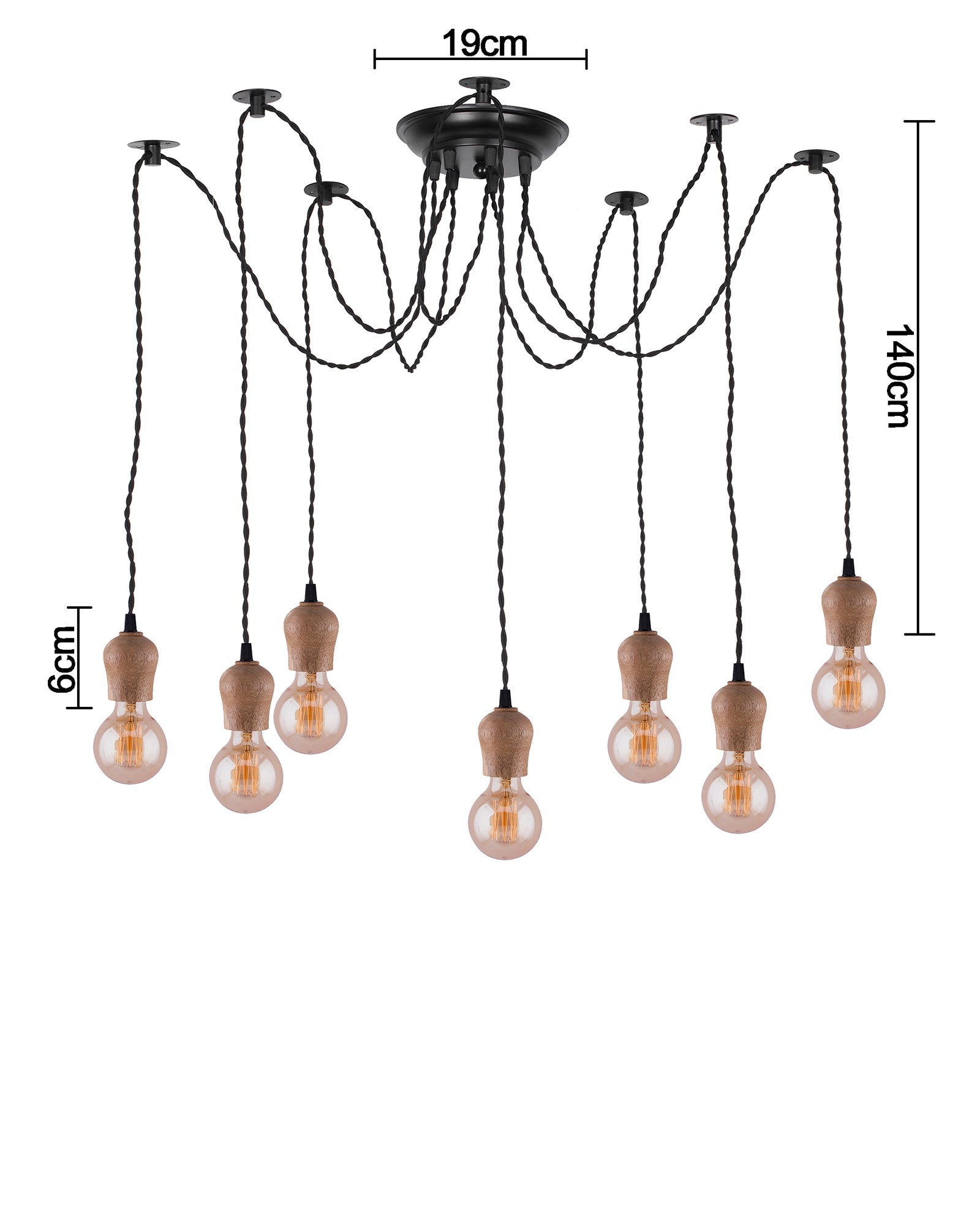Arms Spider Chandelier Lamp, Natural Bubble Holder, Vintage Edison Style E 27 Adjustable DIY Ceiling Pendant Light, E27 Rustic Cluster Hanging Light(1.25 M, Black Twisted Wire)