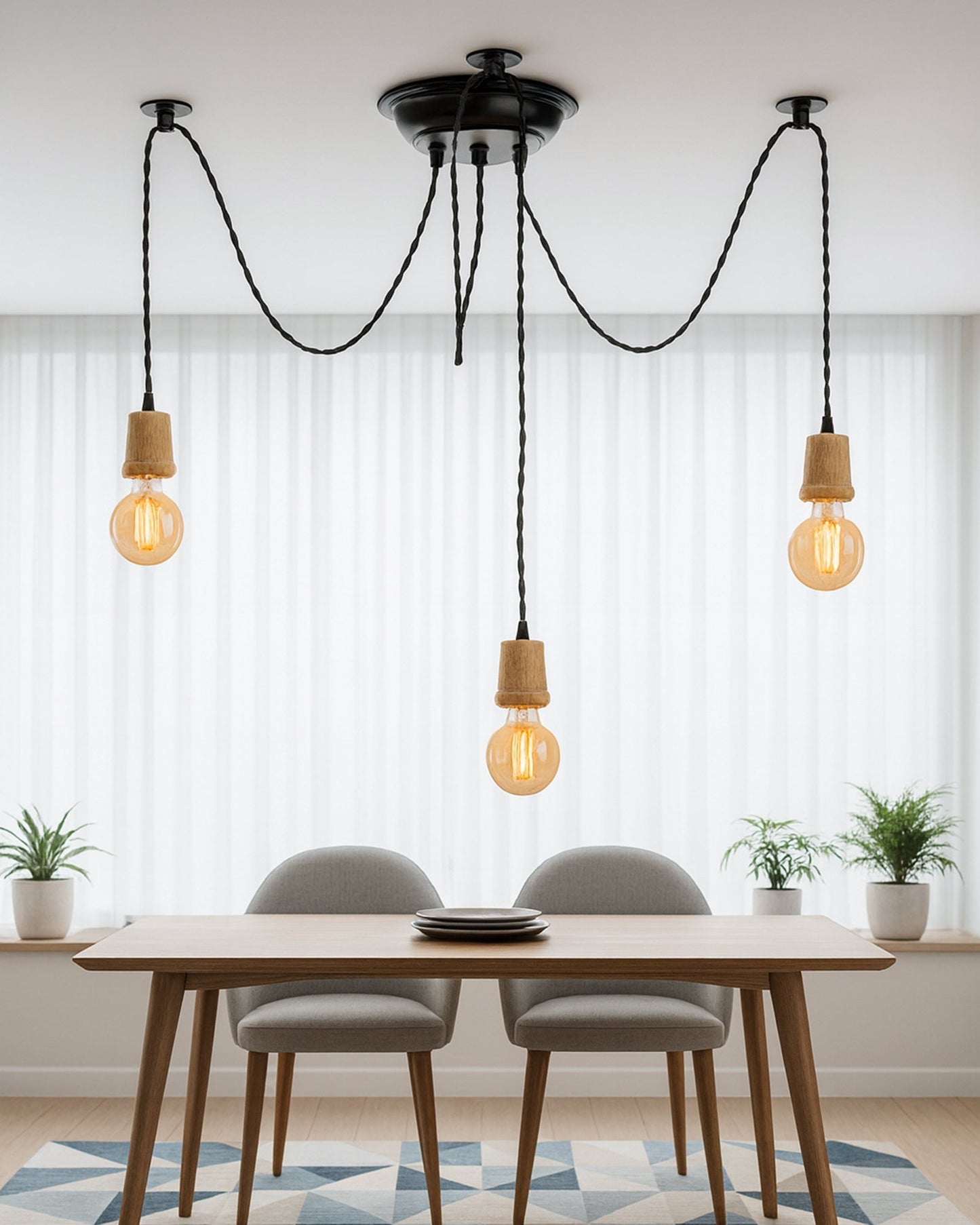 Arms Spider Chandelier Lamp, Natural Taper Holder, Vintage Edison Style E 27 Adjustable DIY Ceiling Pendant Light, E27 Rustic Cluster Hanging Light(1.25 M, Black Twisted Wire)