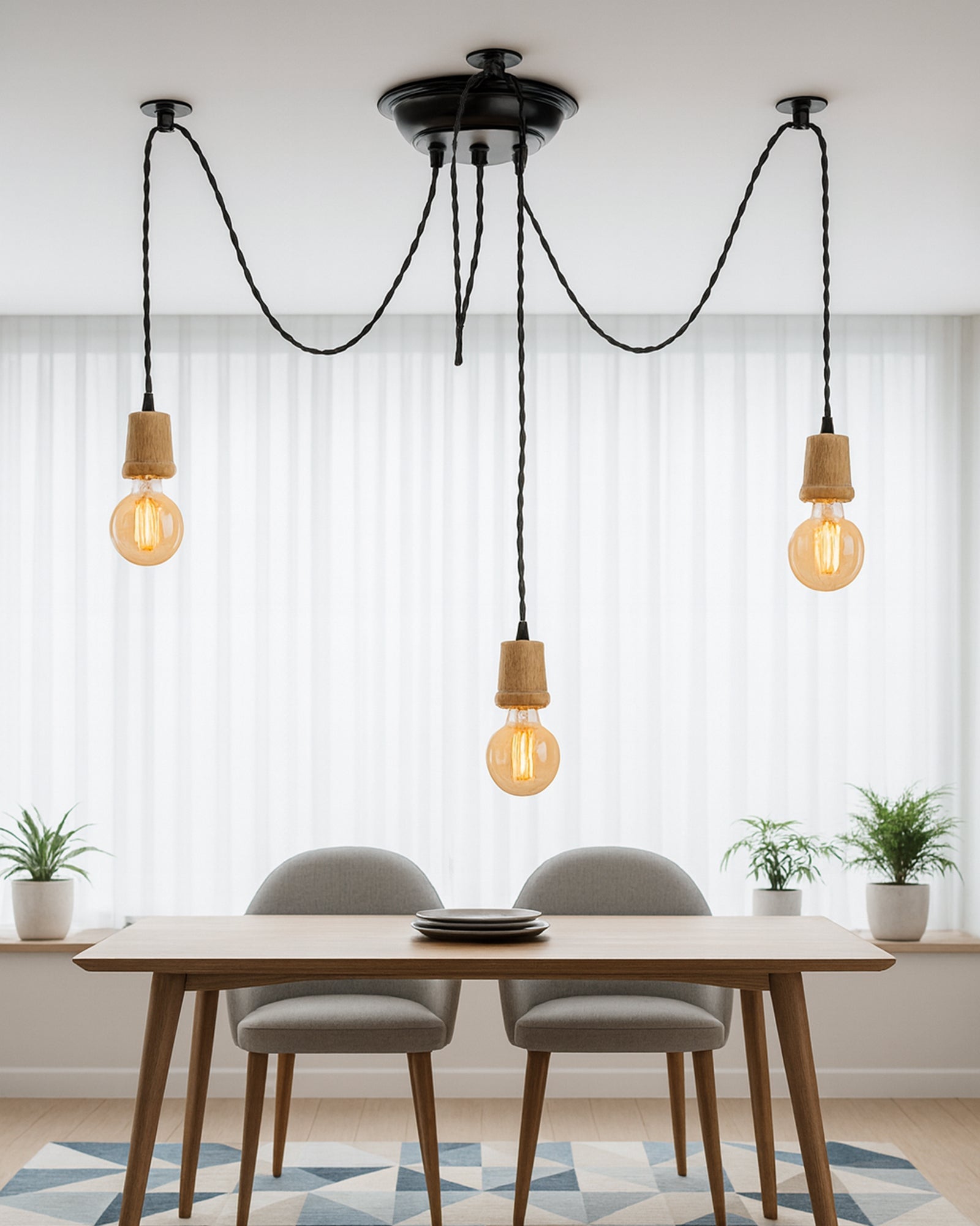 Arms Spider Chandelier Lamp, Natural Taper Holder, Vintage Edison Style E 27 Adjustable DIY Ceiling Pendant Light, E27 Rustic Cluster Hanging Light(1.25 M, Black Twisted Wire)