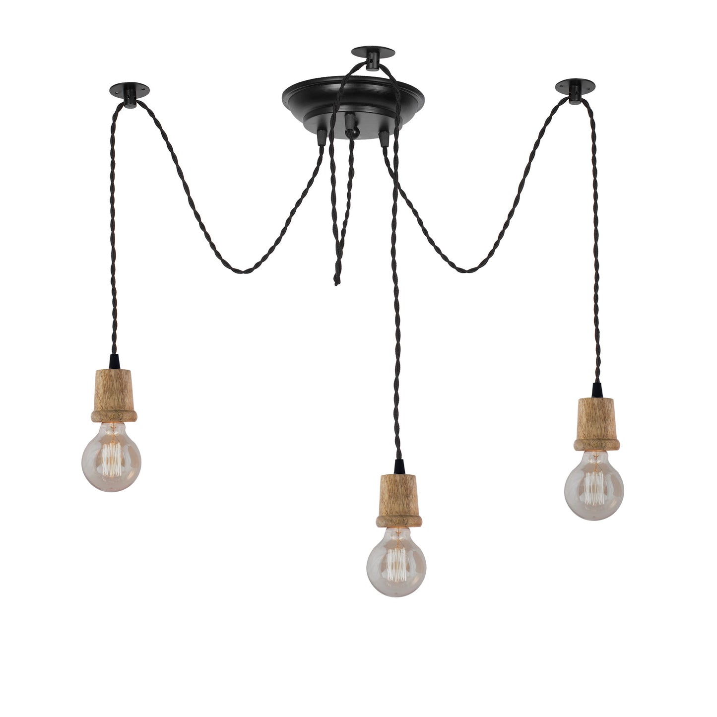 Arms Spider Chandelier Lamp, Natural Taper Holder, Vintage Edison Style E 27 Adjustable DIY Ceiling Pendant Light, E27 Rustic Cluster Hanging Light(1.25 M, Black Twisted Wire)