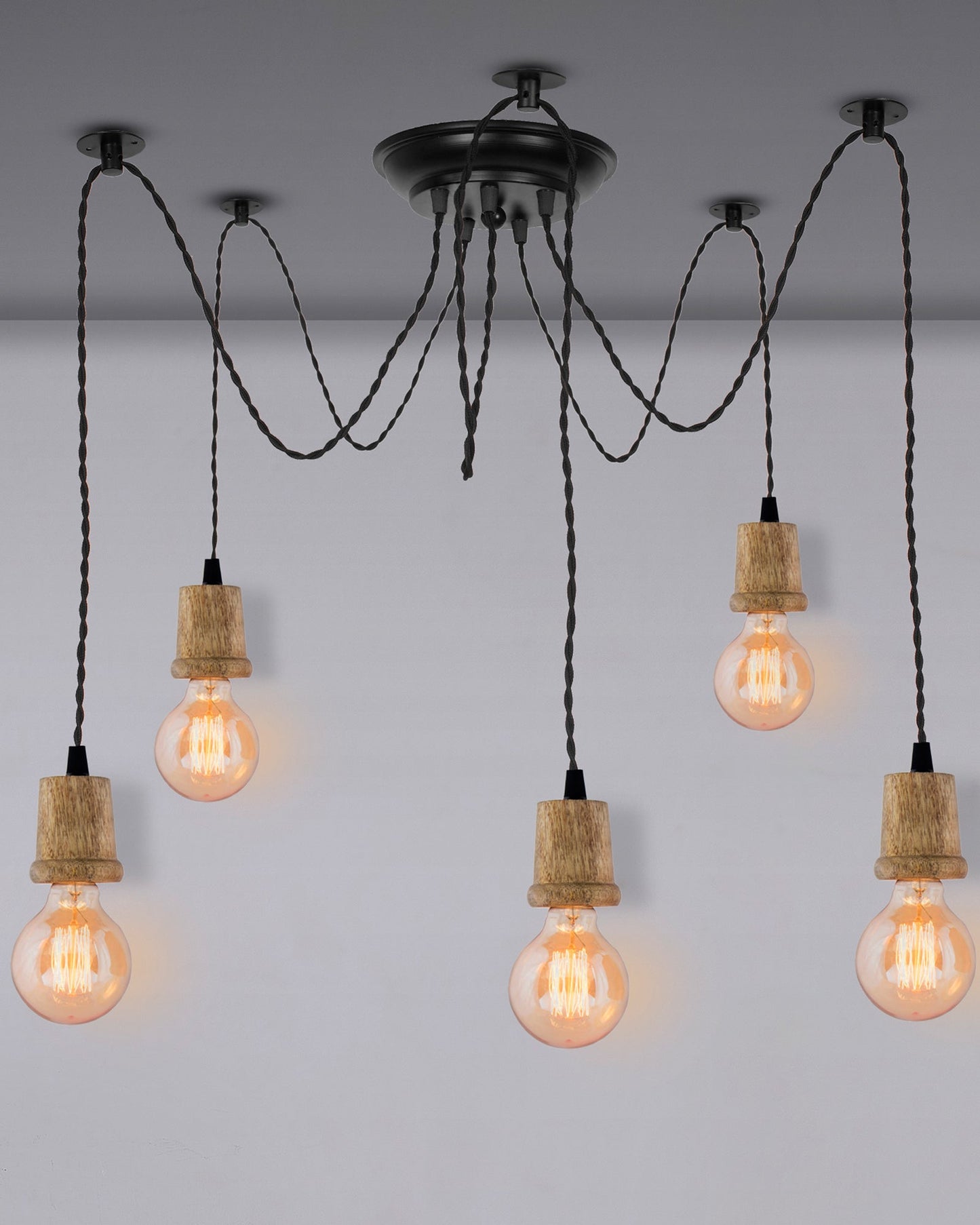 Arms Spider Chandelier Lamp, Natural Taper Holder, Vintage Edison Style E 27 Adjustable DIY Ceiling Pendant Light, E27 Rustic Cluster Hanging Light(1.25 M, Black Twisted Wire)