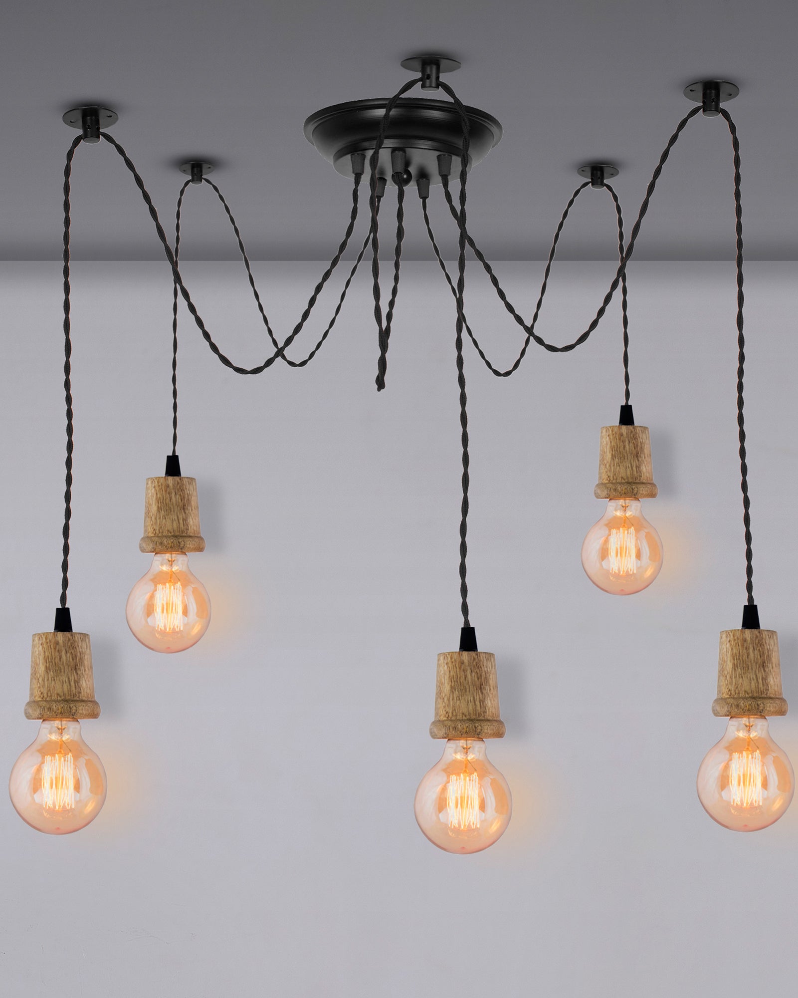 Arms Spider Chandelier Lamp, Natural Taper Holder, Vintage Edison Style E 27 Adjustable DIY Ceiling Pendant Light, E27 Rustic Cluster Hanging Light(1.25 M, Black Twisted Wire)