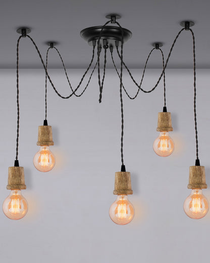 Arms Spider Chandelier Lamp, Natural Taper Holder, Vintage Edison Style E 27 Adjustable DIY Ceiling Pendant Light, E27 Rustic Cluster Hanging Light(1.25 M, Black Twisted Wire)