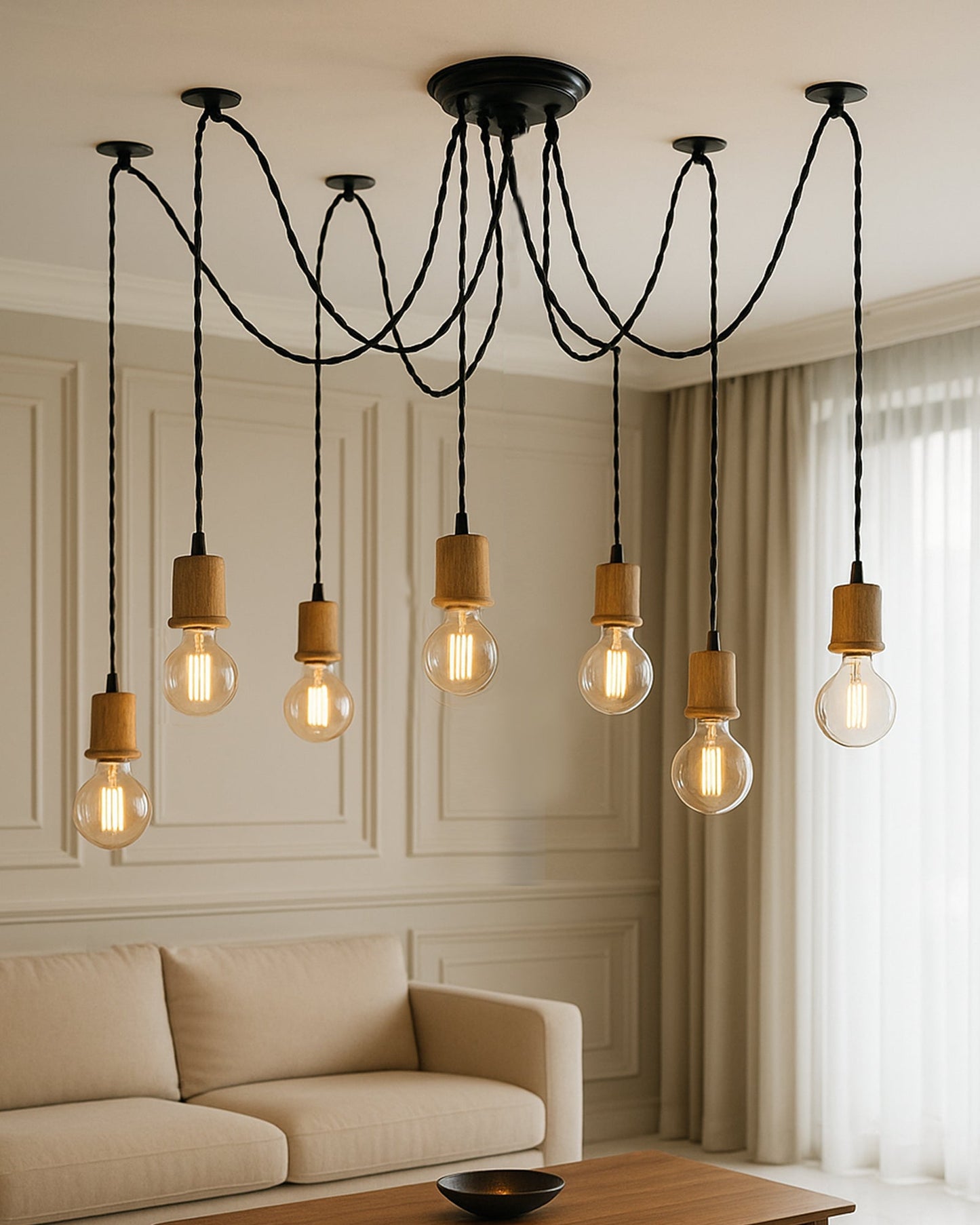Arms Spider Chandelier Lamp, Natural Taper Holder, Vintage Edison Style E 27 Adjustable DIY Ceiling Pendant Light, E27 Rustic Cluster Hanging Light(1.25 M, Black Twisted Wire)