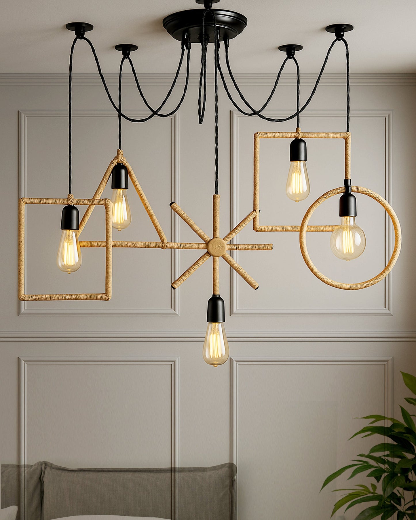 Arms Spider Chandelier Lamp, Triangle, Rectangle & Circle Metal Rope Lamp, Vintage Edison Style E 27 Adjustable DIY Ceiling Pendant Light, E27 Rustic Cluster Hanging Light(1.25 M, Black Twisted Wire)