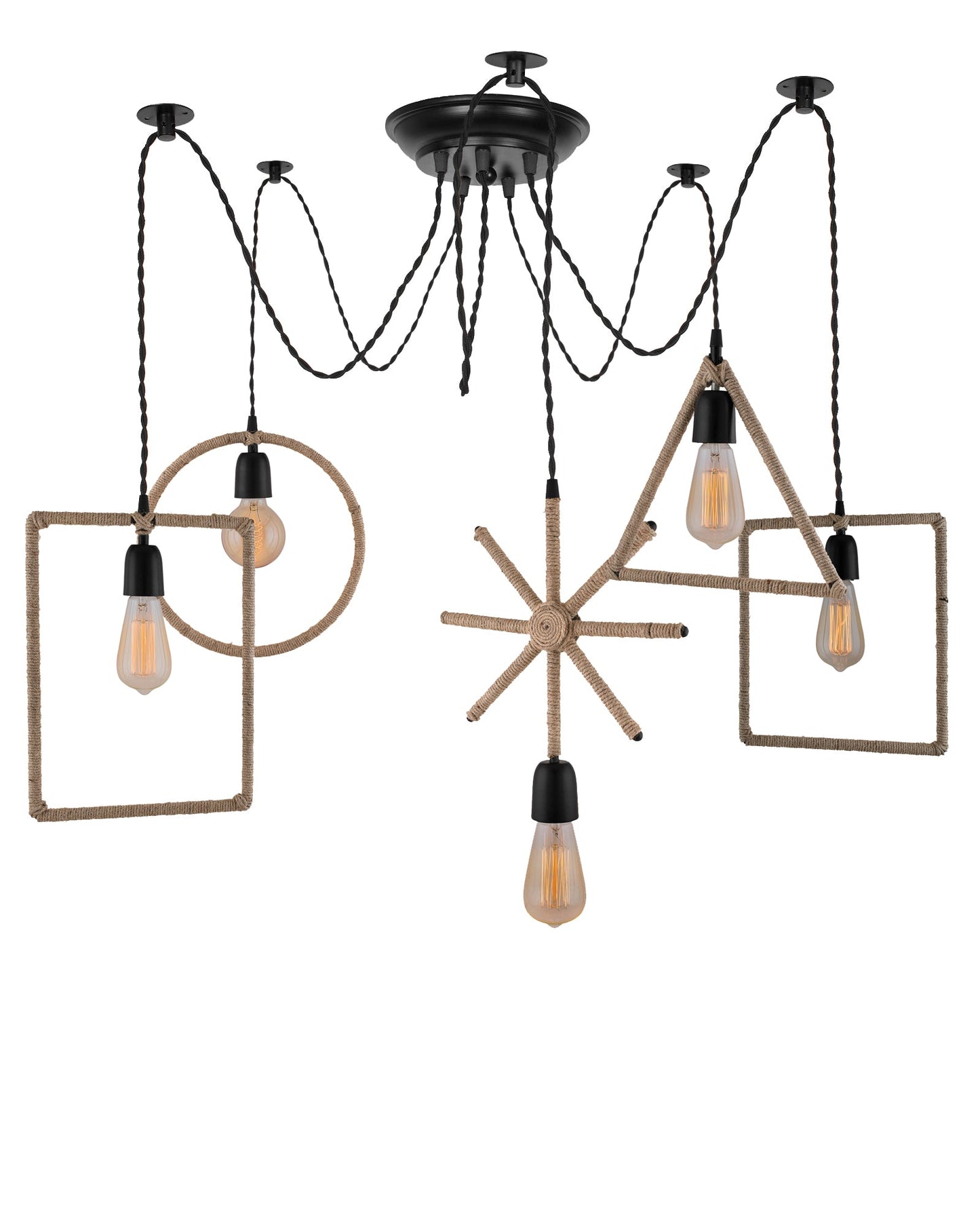Arms Spider Chandelier Lamp, Triangle, Rectangle & Circle Metal Rope Lamp, Vintage Edison Style E 27 Adjustable DIY Ceiling Pendant Light, E27 Rustic Cluster Hanging Light(1.25 M, Black Twisted Wire)