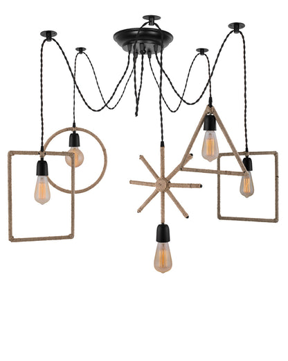 Arms Spider Chandelier Lamp, Triangle, Rectangle & Circle Metal Rope Lamp, Vintage Edison Style E 27 Adjustable DIY Ceiling Pendant Light, E27 Rustic Cluster Hanging Light(1.25 M, Black Twisted Wire)