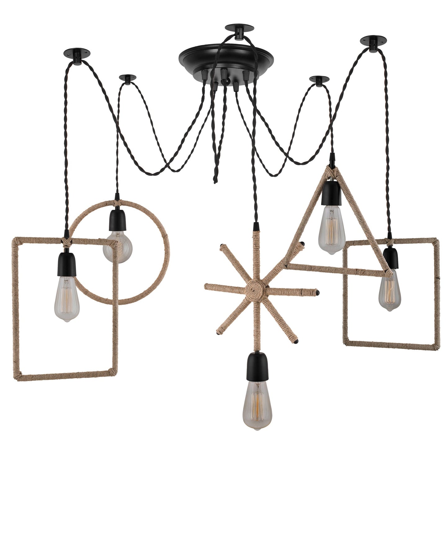 Arms Spider Chandelier Lamp, Triangle, Rectangle & Circle Metal Rope Lamp, Vintage Edison Style E 27 Adjustable DIY Ceiling Pendant Light, E27 Rustic Cluster Hanging Light(1.25 M, Black Twisted Wire)