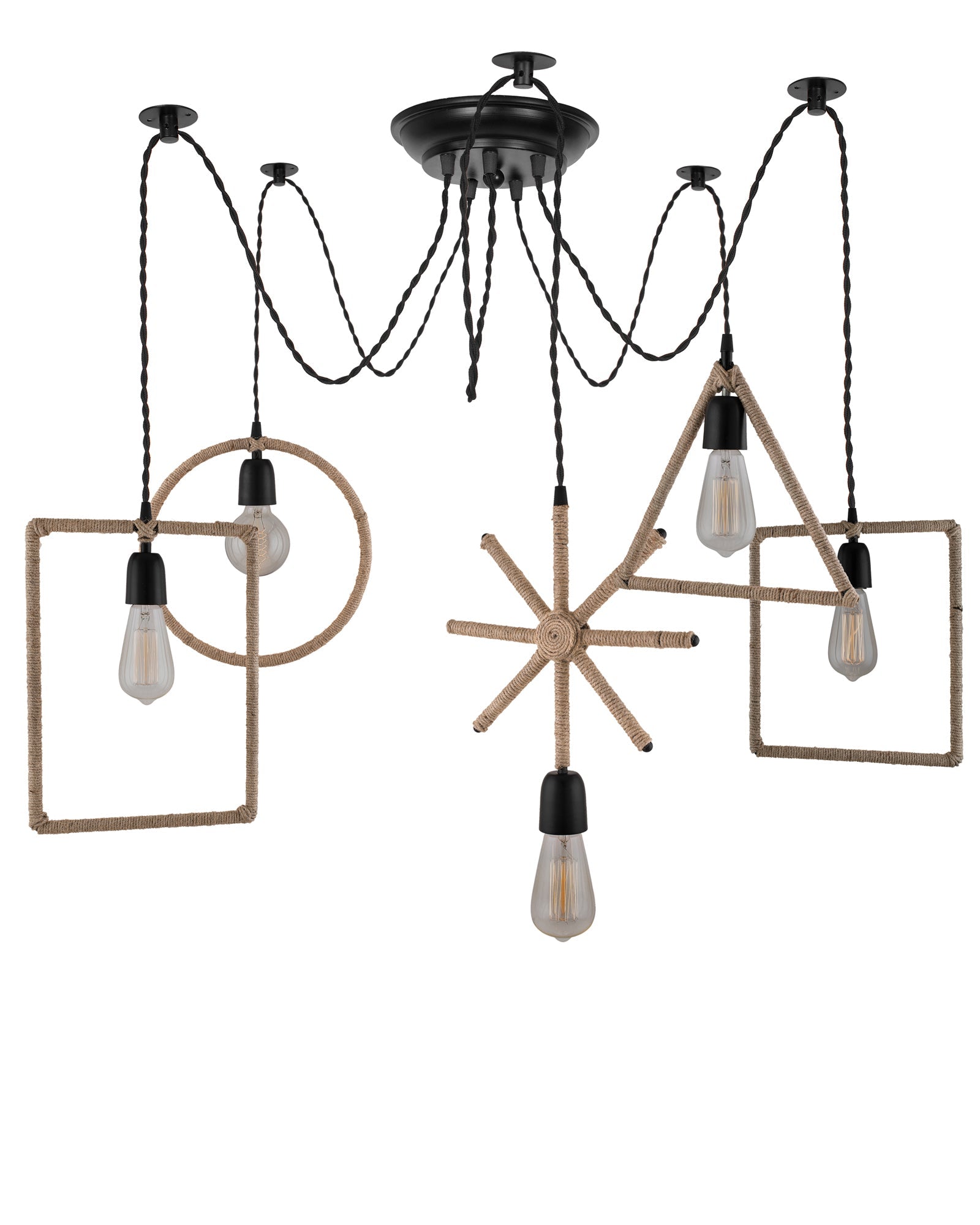 Arms Spider Chandelier Lamp, Triangle, Rectangle & Circle Metal Rope Lamp, Vintage Edison Style E 27 Adjustable DIY Ceiling Pendant Light, E27 Rustic Cluster Hanging Light(1.25 M, Black Twisted Wire)
