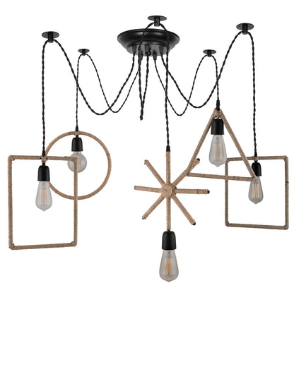 Arms Spider Chandelier Lamp, Triangle, Rectangle & Circle Metal Rope Lamp, Vintage Edison Style E 27 Adjustable DIY Ceiling Pendant Light, E27 Rustic Cluster Hanging Light(1.25 M, Black Twisted Wire)