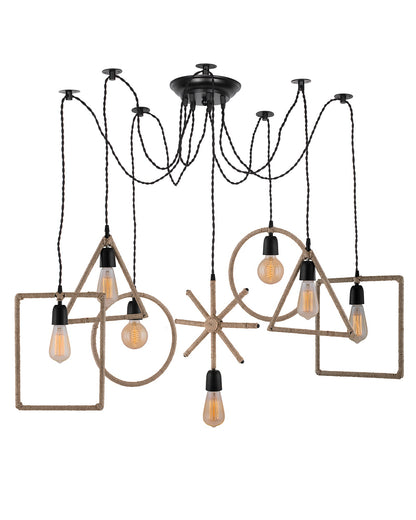 Arms Spider Chandelier Lamp, Triangle, Rectangle & Circle Metal Rope Lamp, Vintage Edison Style E 27 Adjustable DIY Ceiling Pendant Light, E27 Rustic Cluster Hanging Light(1.25 M, Black Twisted Wire)
