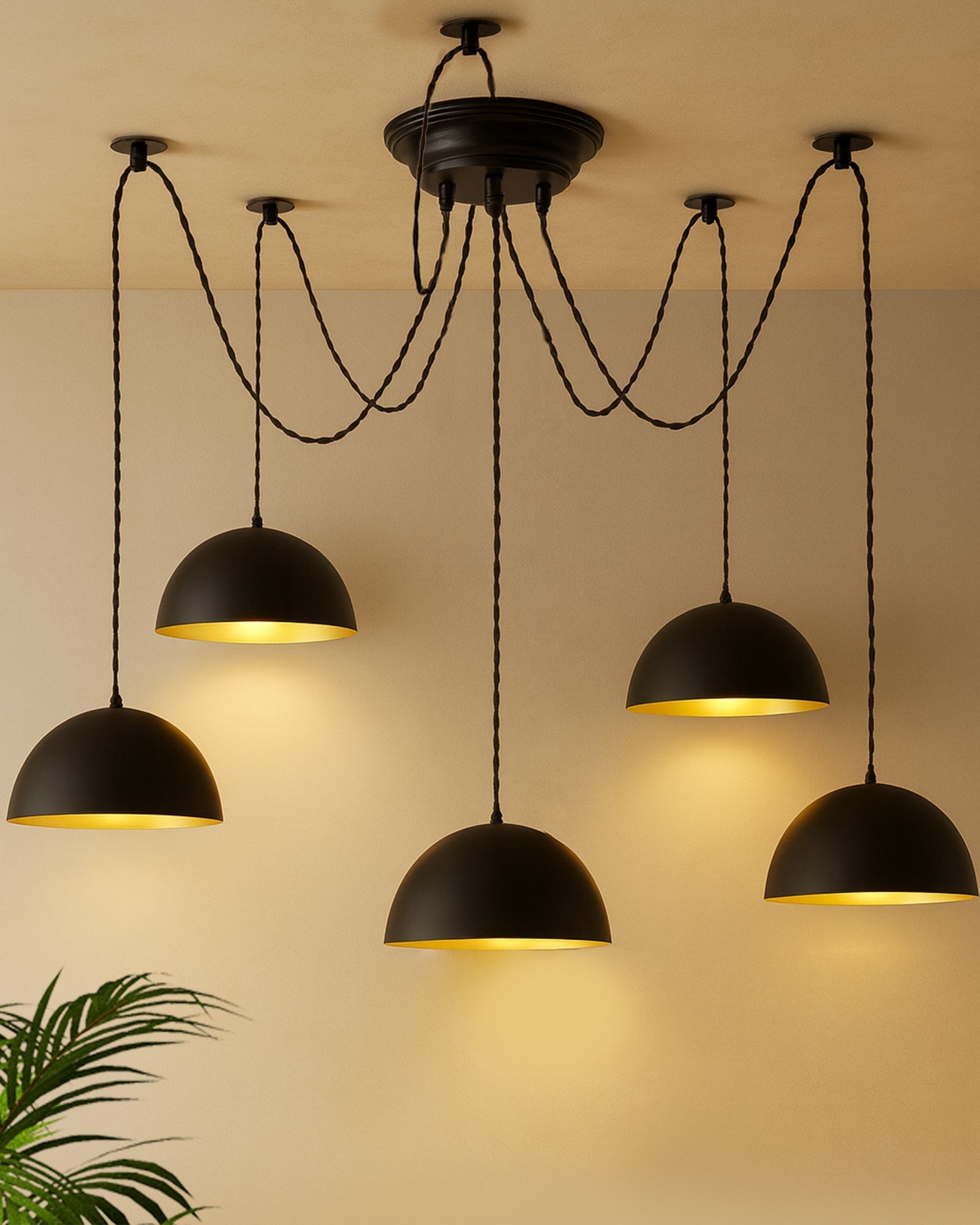 Arms Spider Chandelier Lamp, 8" Black Semi-Globe Pendant Lamp, Vintage Edison Style E 27 Adjustable DIY Ceiling Pendant Light, E27 Rustic Cluster Hanging Light(1.25 M, Black Twisted Wire)