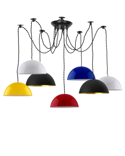 3 Arms Spider Chandelier Lamp, 10" Red, Blue & White Semi-Globe Pendant Lamp, Vintage Edison Style E 27 Adjustable DIY Ceiling Pendant Light, E27 Rustic Cluster Hanging Light(1.25 M, Black Twisted Wire)